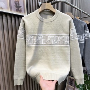 2025秋冬季新款韩版修身圆领羊毛针织衫男士高端条纹提花字母毛衣
