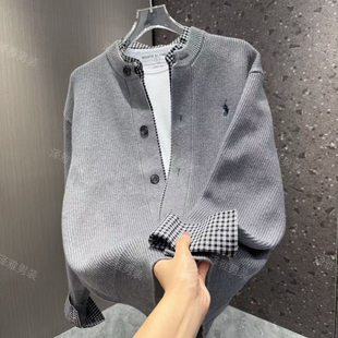 假两件针织开衫男士春秋季韩版潮流外搭薄款刺绣拼接格子毛衣外套