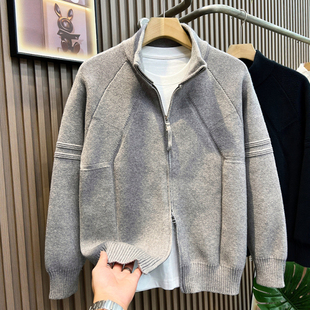 高端双拉链潮牌针织开衫男士秋冬季毛衣外套男装立领线衣加厚宽松