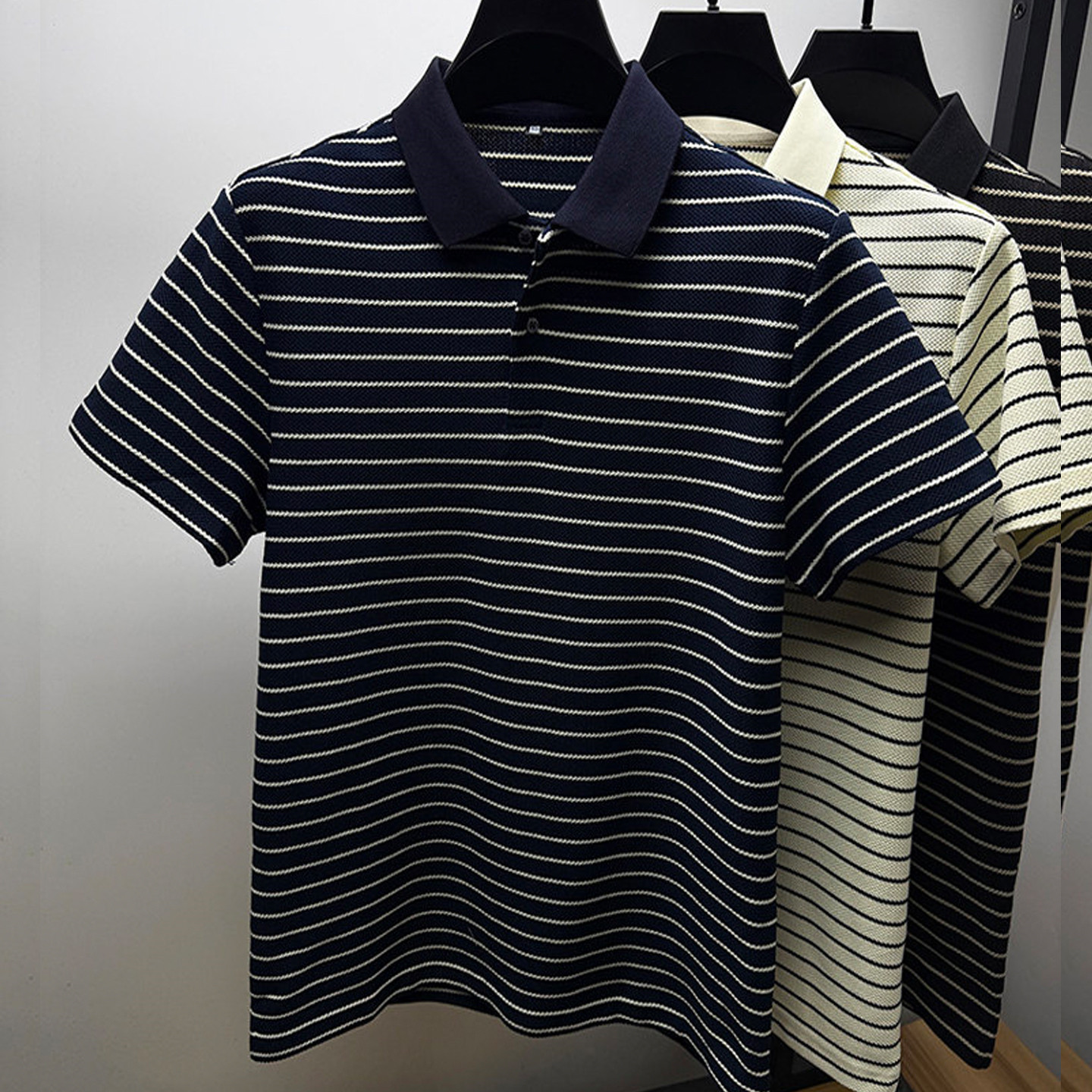 男士短袖polo衫夏季新款黑白条纹翻领T恤高端休闲百搭半袖上衣潮