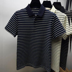 男士短袖polo衫夏季新款黑白条纹翻领T恤高端休闲百搭半袖上衣潮