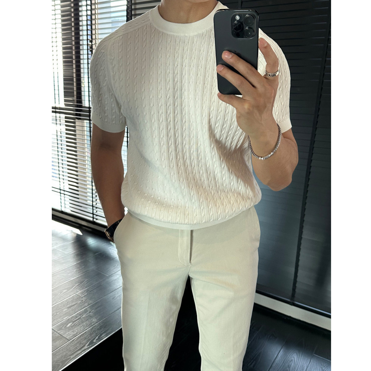 高品质时尚潮流针织麻花短袖男士夏季新款藏青色半袖T恤短款小衫