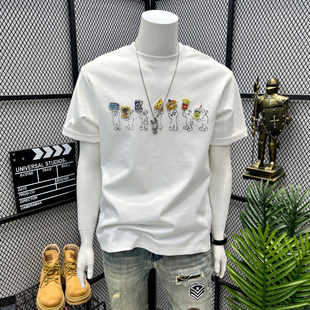 夏季男款短袖T恤男宽松圆领潮流纯棉休闲白色衣服体恤潮牌男生短t