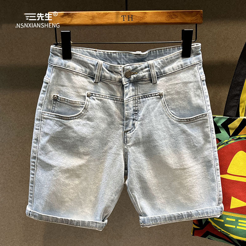 设计感拼接牛仔短裤男潮牌痞帅浅蓝色五分裤夏季薄款直筒微弹马裤