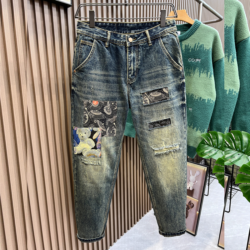 破洞补丁牛仔裤男潮牌设计感小众个性美式复古秋季长裤子宽松直筒