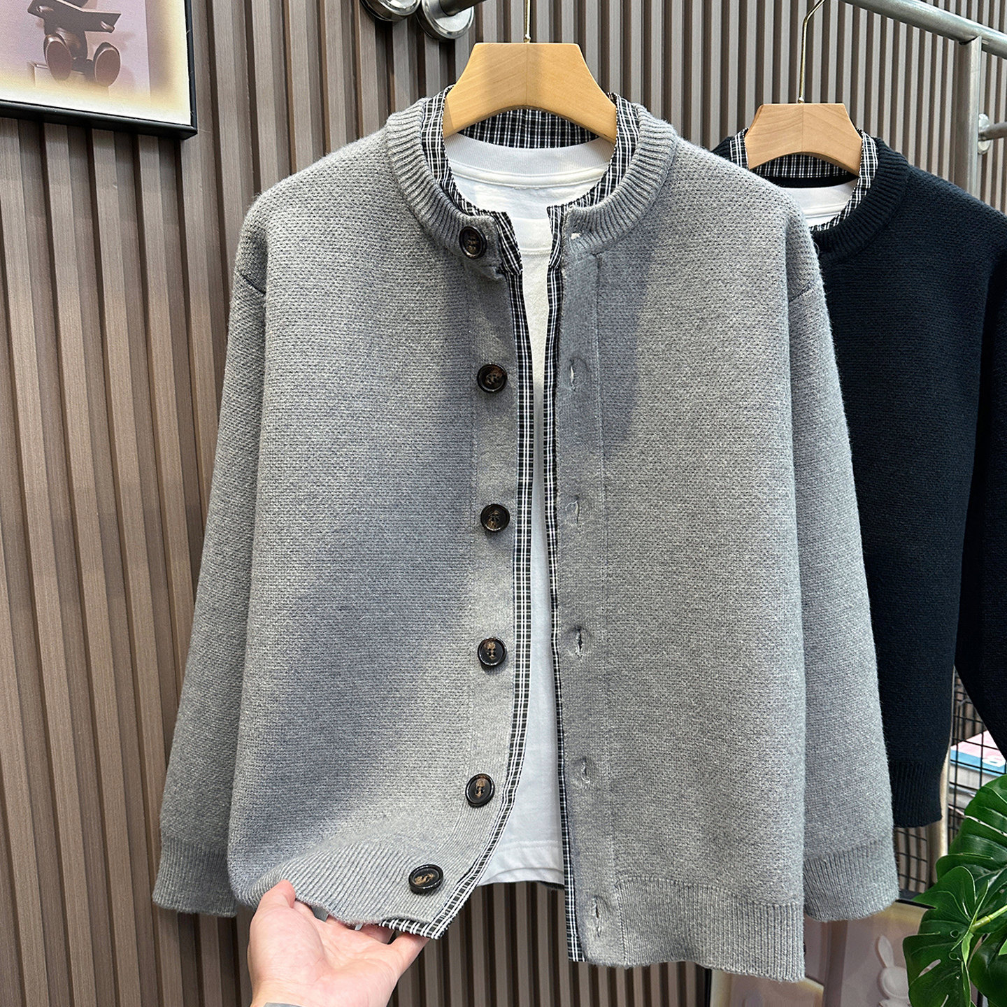 假两件针织外套男秋冬季新款高级感格子拼接夹克男装休闲开衫毛衣