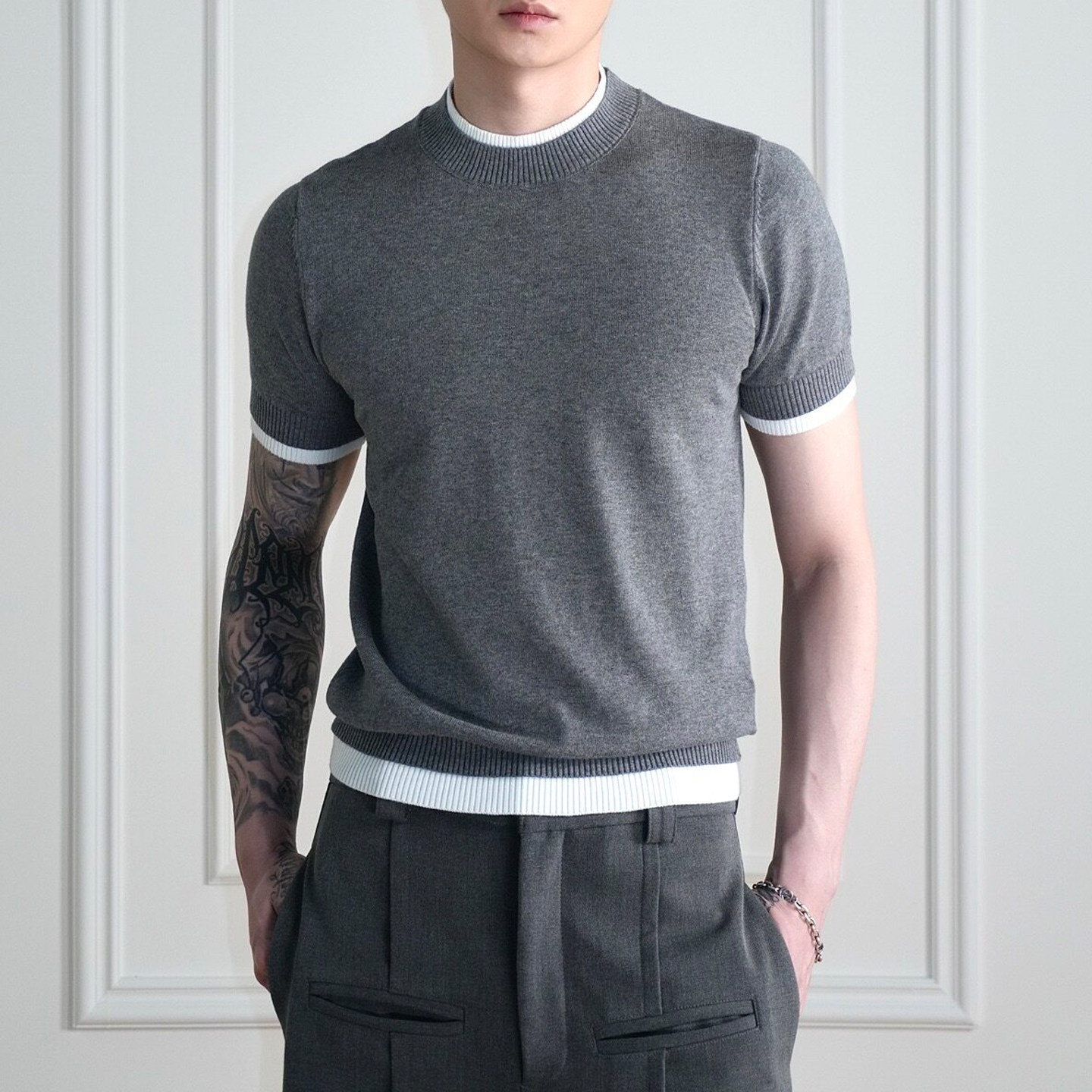 假两件短袖修身T恤男撞色圆领针织衫简约百搭上衣韩系轻奢风体恤