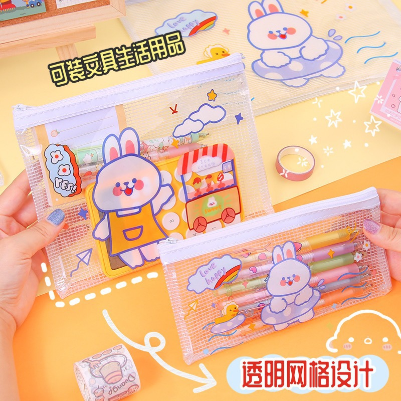 小熊透明笔袋学生考试专用文具袋子资料试卷收纳袋拉链网格