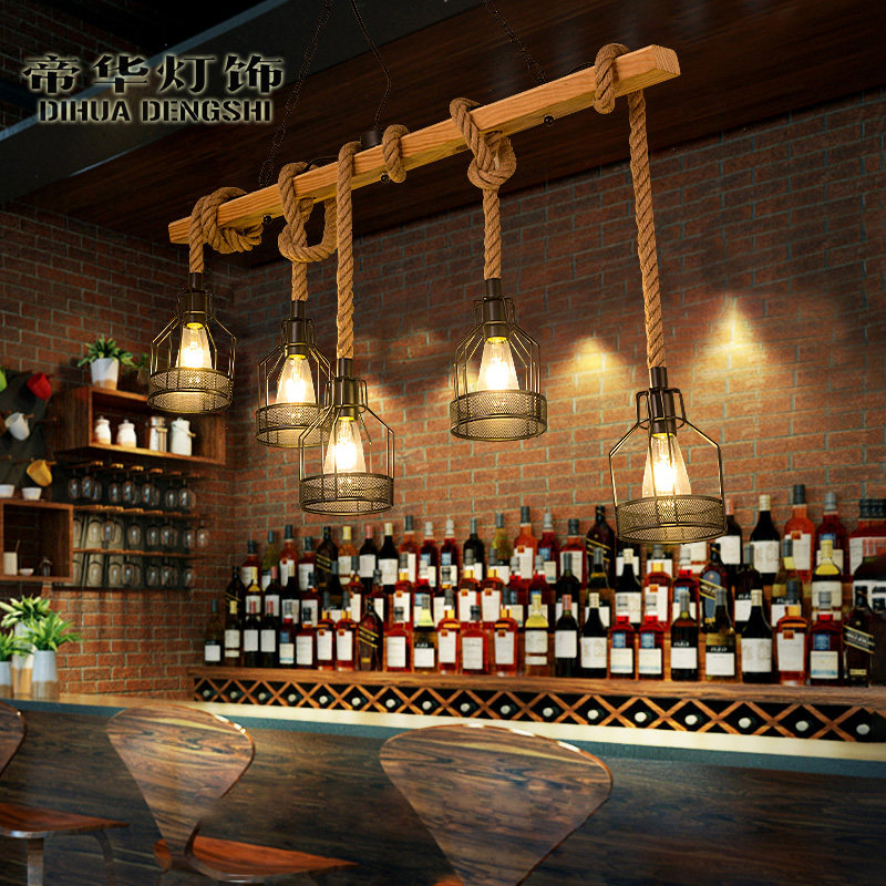 复古美式酒吧网咖吧台橱窗收银台餐厅咖啡店铺工业风艺术麻绳吊灯