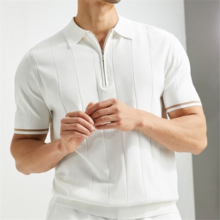 轻奢针织POLO衫 轻熟风商务休闲上衣服 男冰丝修身 翻领拉链T恤韩版