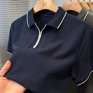 中年潮 含桑蚕丝莱赛尔短袖 t恤男半拉链翻领纯色polo衫 男半袖 夏装