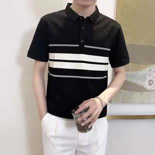 修身 潮流2025新款 韩版 翻领体恤 条纹拼接半袖 短袖 POLO衫 T恤男夏季