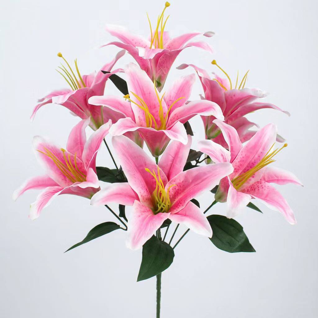 仿真大9头百合花香水百合花绢花假花塑料单支花客厅装饰摆件干花