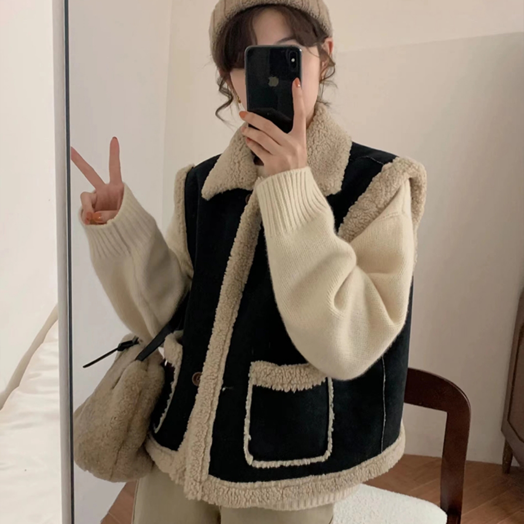 2024高级感麂皮绒羊羔毛马甲女秋冬季休闲黑色皮毛一体短外套秋装