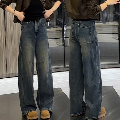 大码加绒阔腿牛仔裤女秋冬2025年新款小个子窄版宽松显瘦弯刀裤子