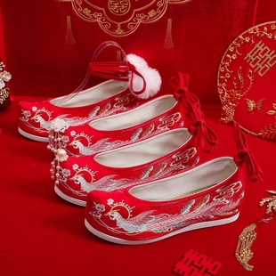 中式 子古风汉 敬酒新娘鞋 女新款 内增秀禾鞋 红色婚鞋 结婚鞋 汉服女鞋