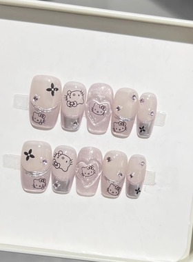 【kitty公主】甜美可爱猫咪美甲紫色猫眼魔镜法式碎钻手工穿戴甲