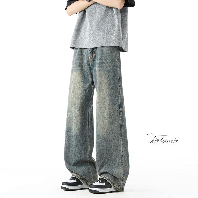 美式浅蓝色直筒牛仔裤男款春秋高街宽松复古cleanfit裤子男生长裤