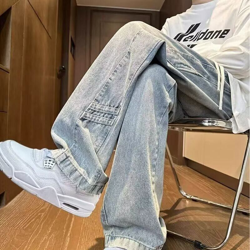 牛仔裤男士春季2026新款美式男生直筒裤子系绳男款宽松阔腿明线工
