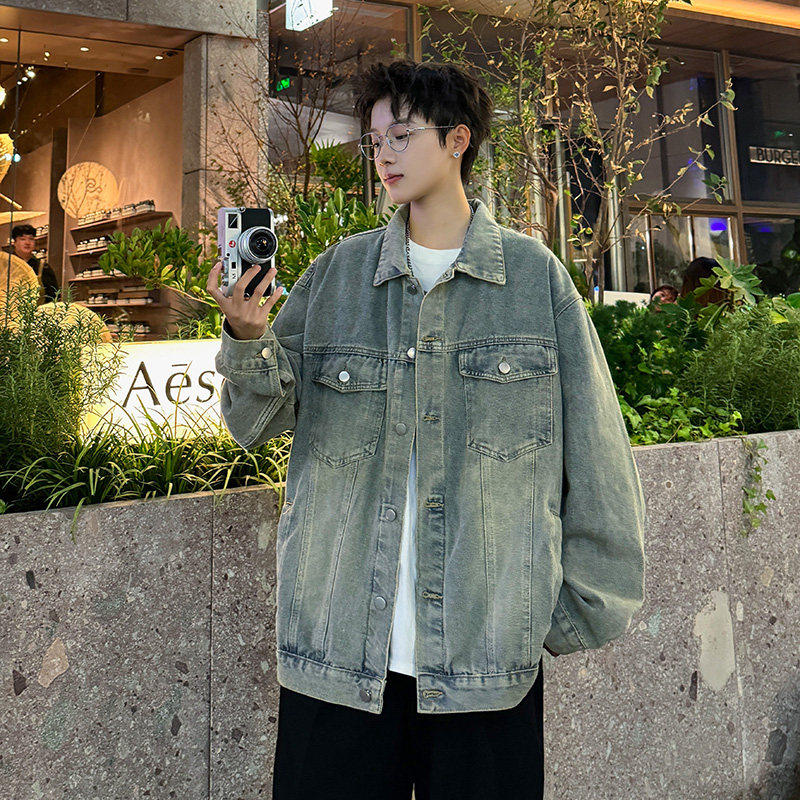 日系复古水洗牛仔外套男春秋季痞帅宽松夹克男生潮流百搭褂子上衣