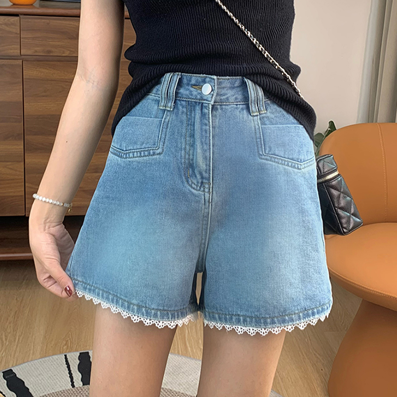 蕾丝花边a字牛仔短裤女2025夏季薄款小个子高腰显瘦百搭阔腿短裤