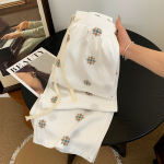 刺绣棉麻直筒休闲裤女夏季新款大码胖mm梨形身材显瘦阔腿九分裤子