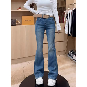 大码女装复古蓝显瘦牛仔裤女春季新款胖mm梨型身材弹力修身微喇裤