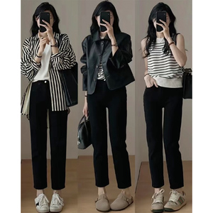 大码黑色直筒牛仔裤女秋冬加绒胖妹妹修身显瘦裤子弹力高腰烟管裤