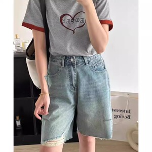 破洞牛仔裤女装夏季新款宽松短裤设计感毛边直筒裤子五分裤中裤