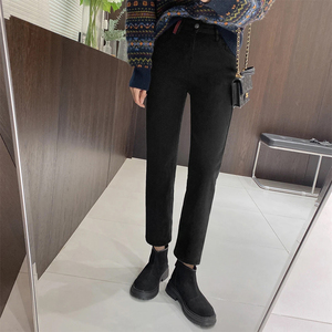 大码黑色牛仔裤女秋冬加绒梨形身材裤子显瘦胖妹妹高腰显瘦直筒裤
