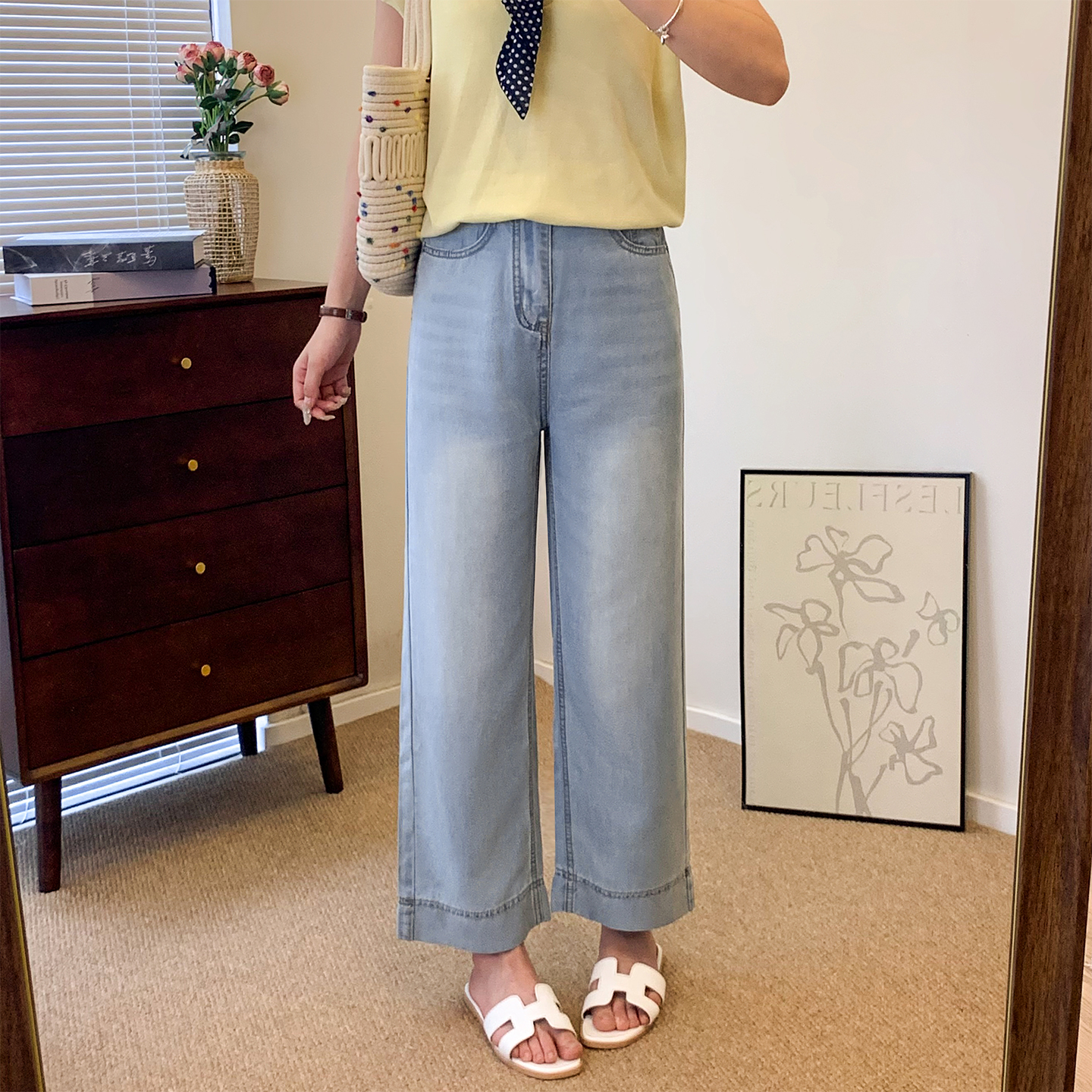 浅蓝色莱赛尔天丝牛仔裤女夏薄款大码胖mm梨型身材高腰显瘦阔腿裤