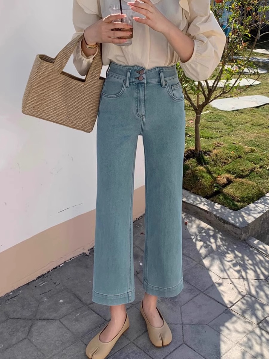 大码女装早秋新款浅蓝色直筒牛仔裤胖妹妹梨形身材高腰弹力九分裤