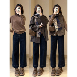 深蓝色直筒牛仔裤女秋冬加绒胖妹妹mm高腰宽松显瘦梨形身材阔腿裤