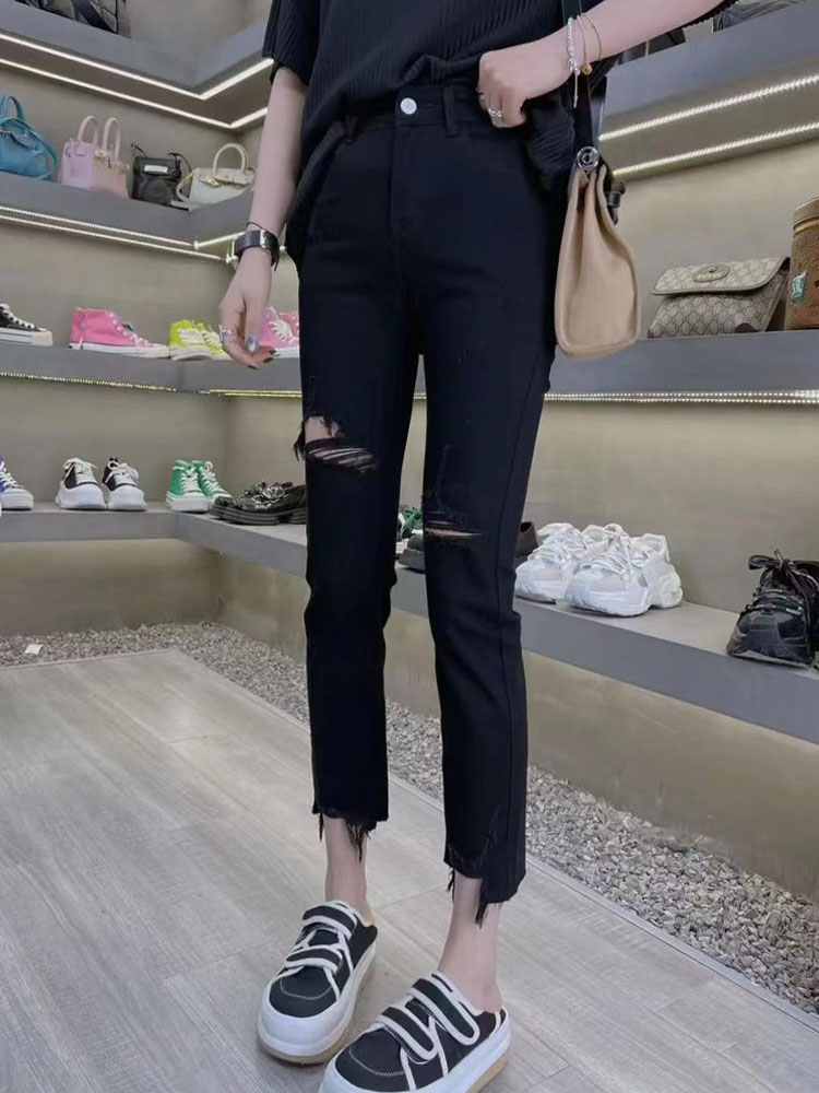 春季新款黑色破洞裤女大码胖mm梨形身材裤子弹力直筒烟管牛仔裤