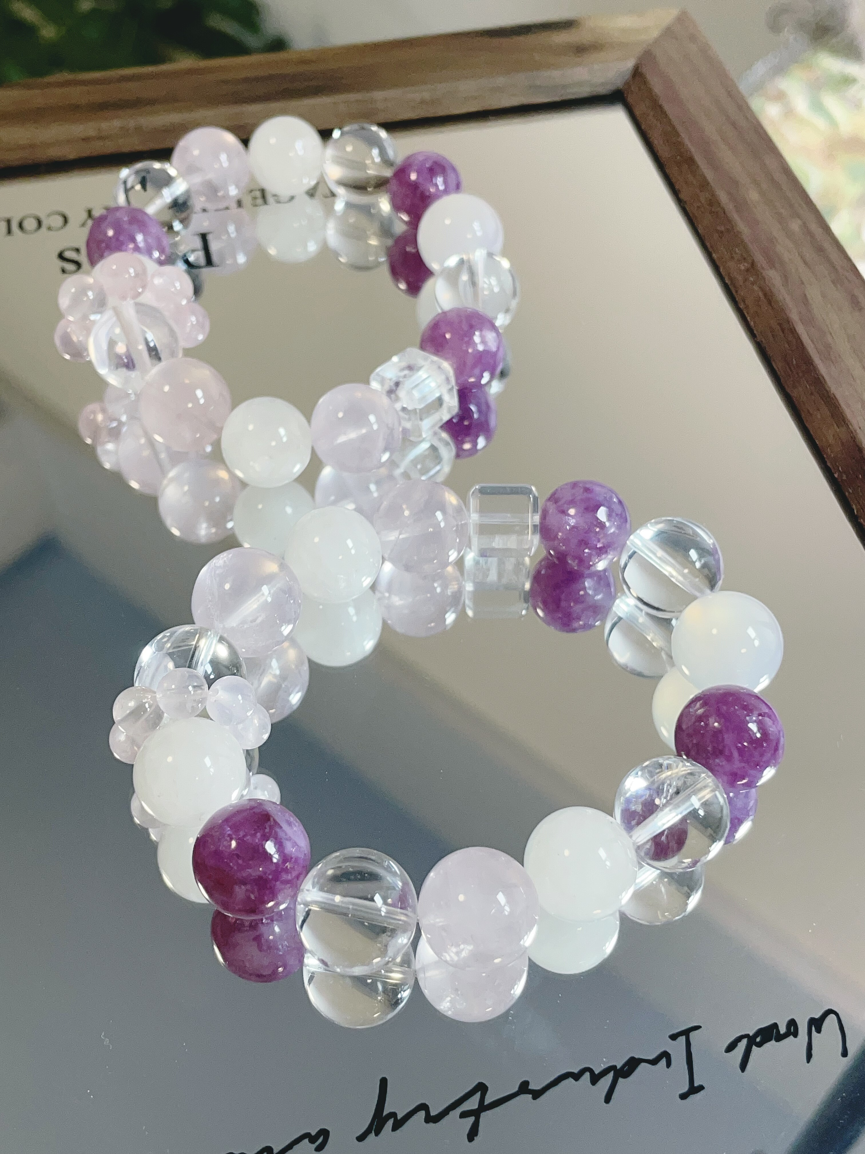 023天然粉晶白幽灵白水晶紫祖母晶原创设计手链13mm