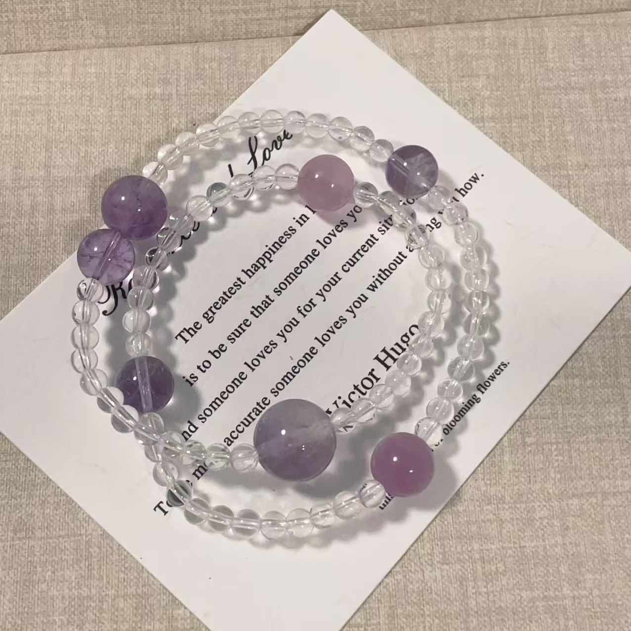 浅紫晶萦  天然浅紫调薰衣晶水晶双圈手串 白水晶叠戴紫锂辉手串