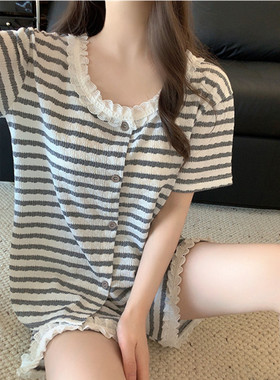 甜美灰色条纹纯棉睡衣女款夏季2025新款高级感花边短袖套装家居服