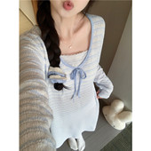 甜美蓝色条纹蕾丝长袖 带胸垫睡裙女士春秋季 莫代尔2025新款 睡衣裙