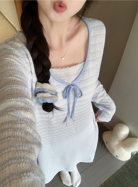 带胸垫睡裙女士春秋季莫代尔2025新款甜美蓝色条纹蕾丝长袖睡衣裙