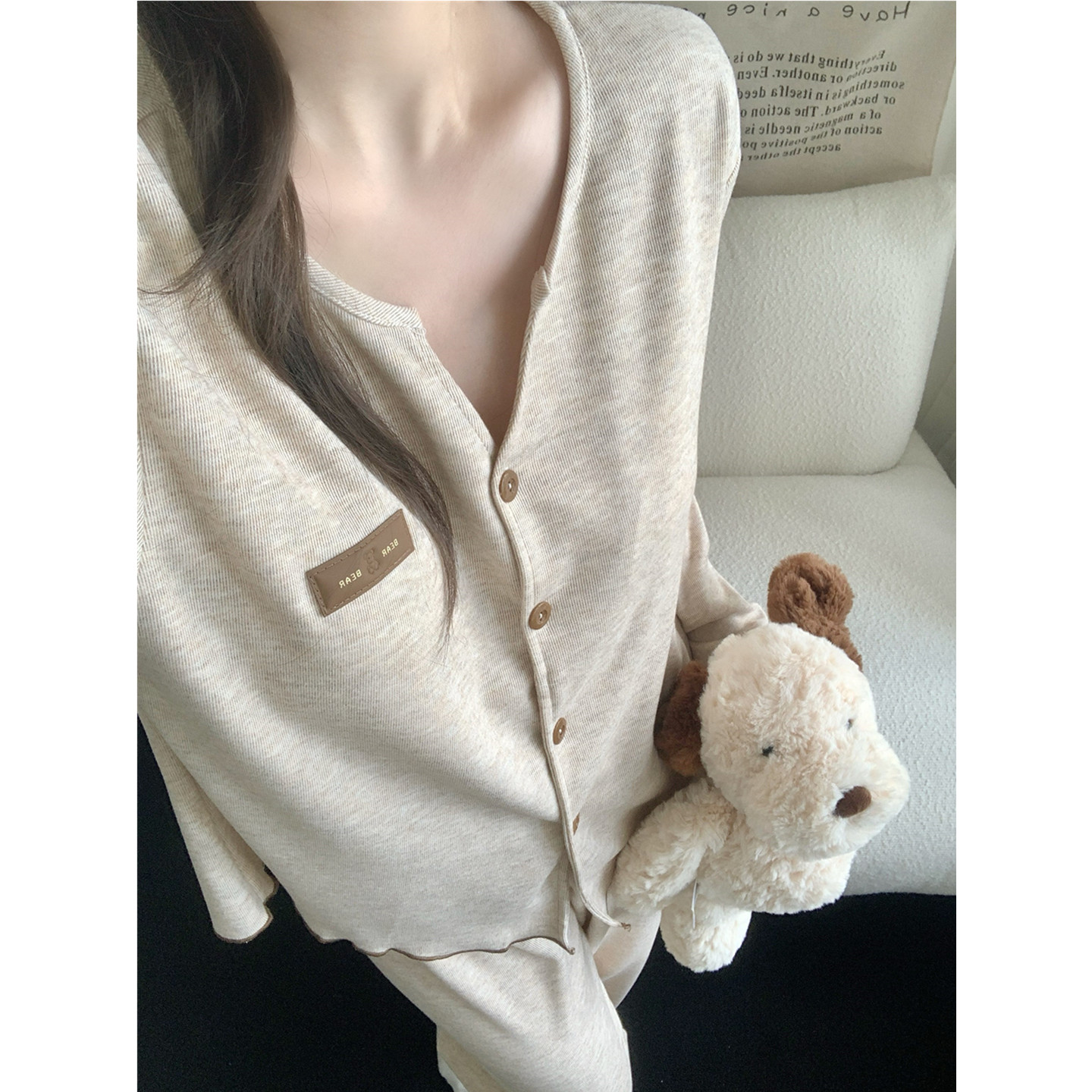 高级感羊绒睡衣女秋冬带胸垫套装