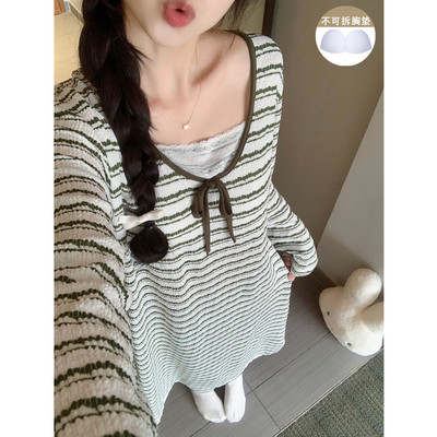 带胸垫睡裙女款春秋季莫代尔2025新款甜美绿色条纹蕾丝长袖睡衣裙