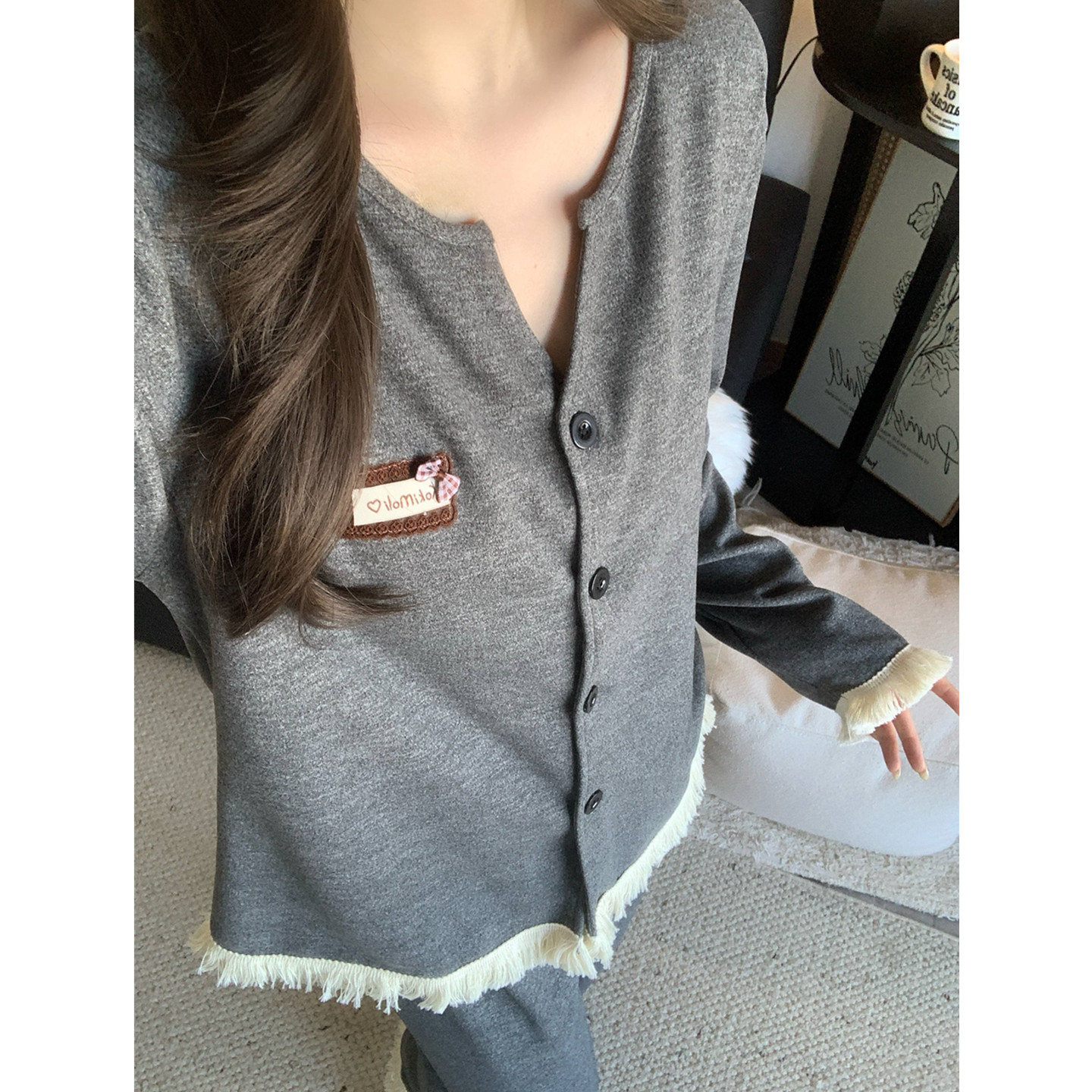 羊绒保暖睡衣女秋冬花边加厚套装