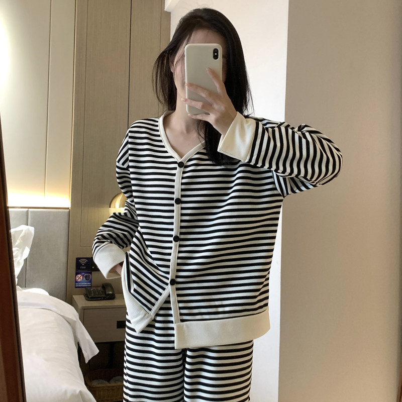 ins风条纹睡衣女春秋季长袖棉质