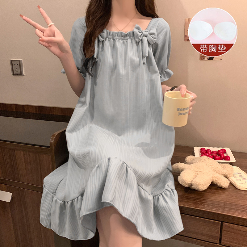 带胸垫睡裙女夏季短袖纯棉连衣裙