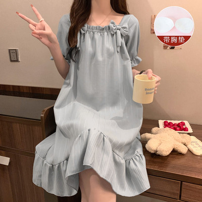带胸垫睡裙女夏季短袖纯棉连衣裙