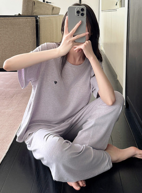 莫代尔睡衣女款夏季短袖长裤带胸垫简约紫色可外穿休闲套装家居服