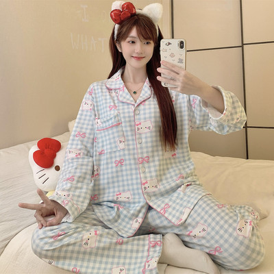 格子KT猫德绒保暖睡衣女秋冬套装