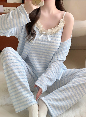性感蓝色条纹睡衣女款春秋季棉质甜美带胸垫吊带长袖三件套家居服
