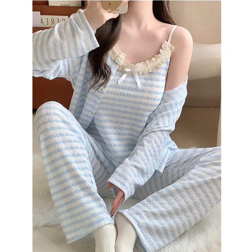 蓝色条纹睡衣女春秋带胸垫三件套