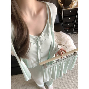 四件套装 吊带长袖 性感绿色波点带胸垫家居服 春秋季 莫代尔睡衣女款